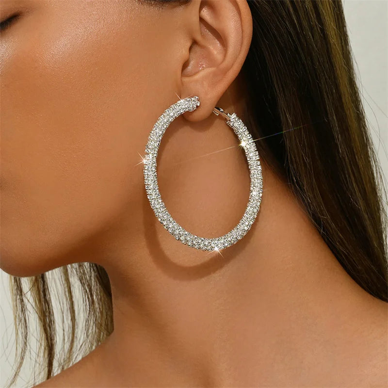 Women's Big Full Crystal Circle Hoop Earrings Fashion Party Wedding Accessory Boucle Oreille Femme Classic round Metal Earrings