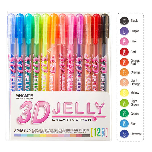 SHANDS 3D Jelly Gel Pens Set, 12 Colors, 1.0mm Bold Tip