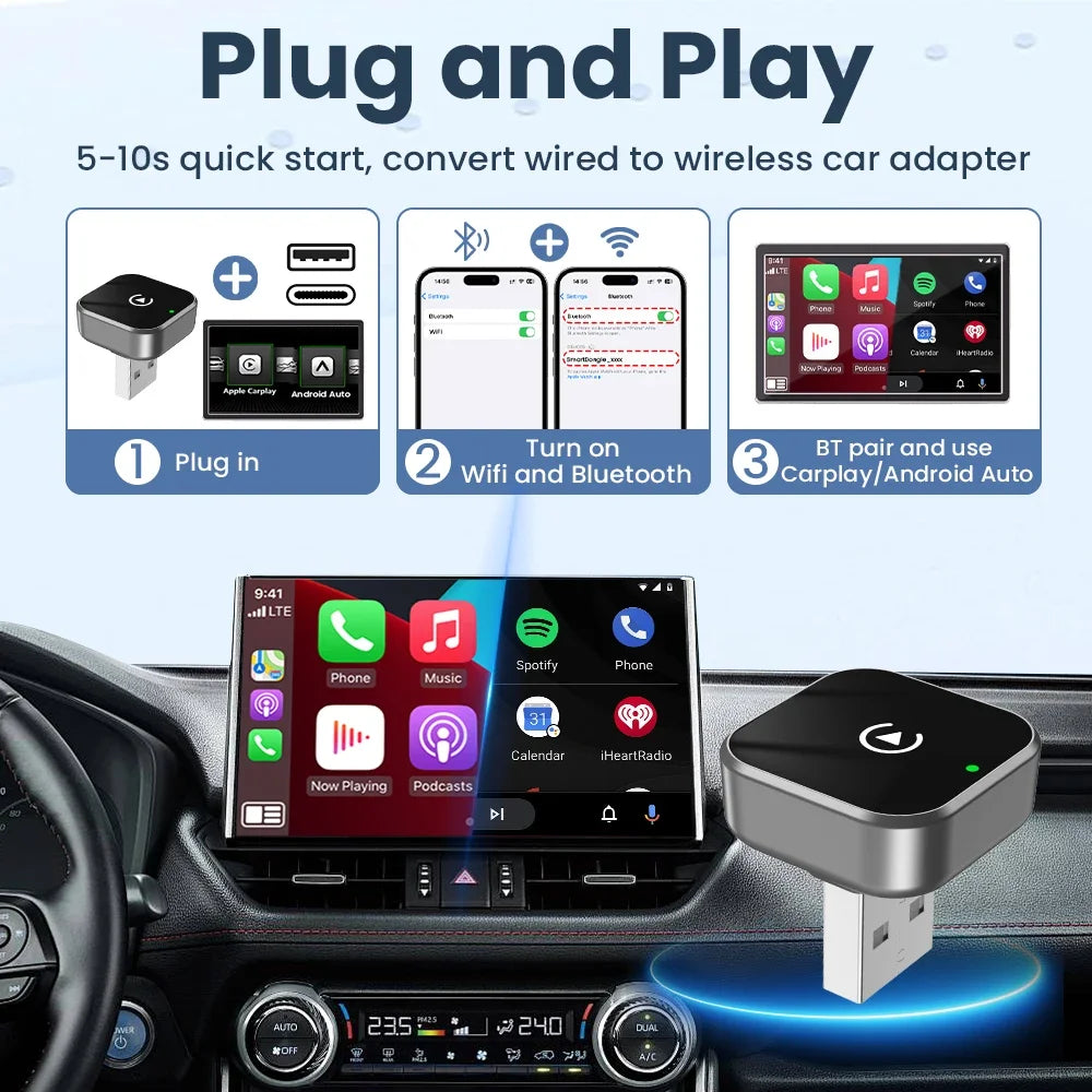 2in1 Wireless CarPlay Adapter Android Auto Dongle Bluetooth Plug&Play Car Intelligent System Suitable For Audi MG Kia VW GMC