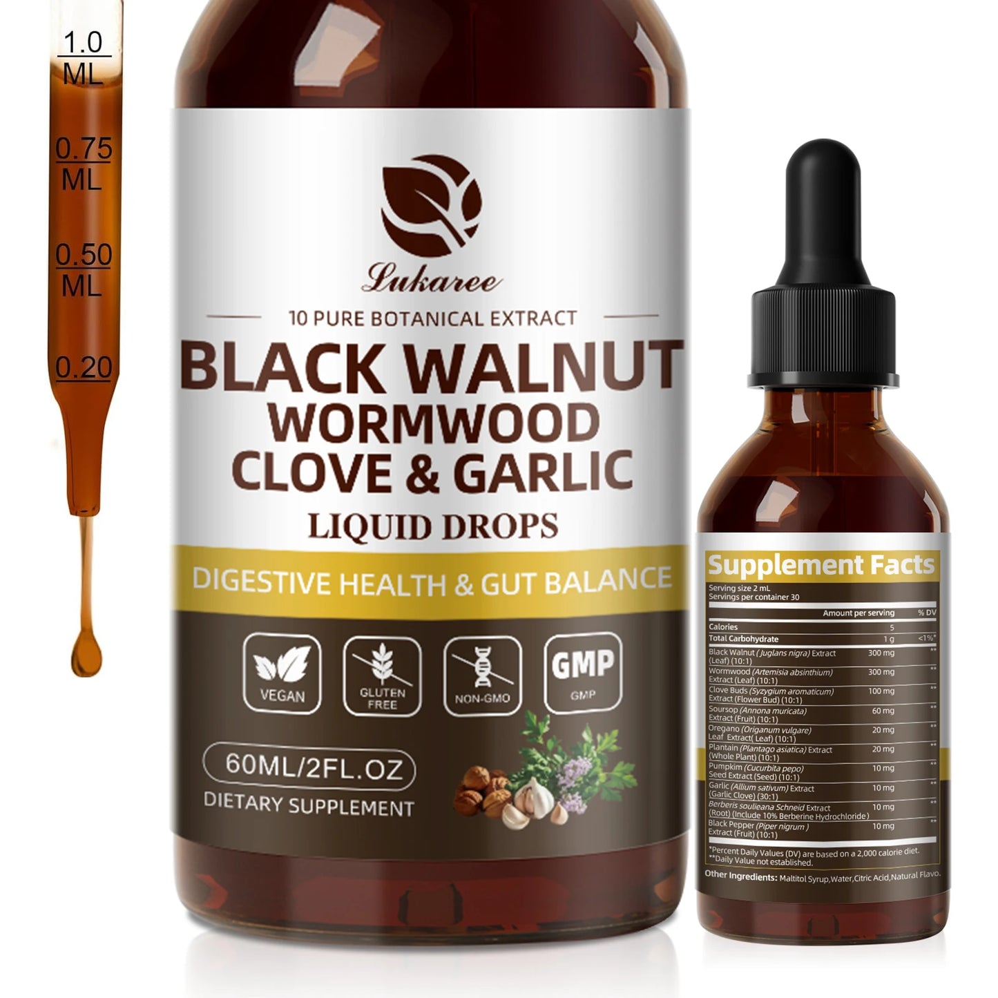 Gotas de nuez negra Lukaree de 60 ml con clavo de olor y ajo: favorecen la digestión y la salud inmunitaria, desintoxican el cuerpo y son antioxidantes.