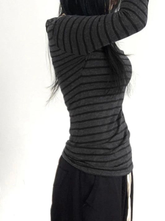 Women's Striped Slim Long Sleeve T-Shirt – Y2K Korean Street Style, O-Neck, Dark Grey (S/M/L) - photo 4
