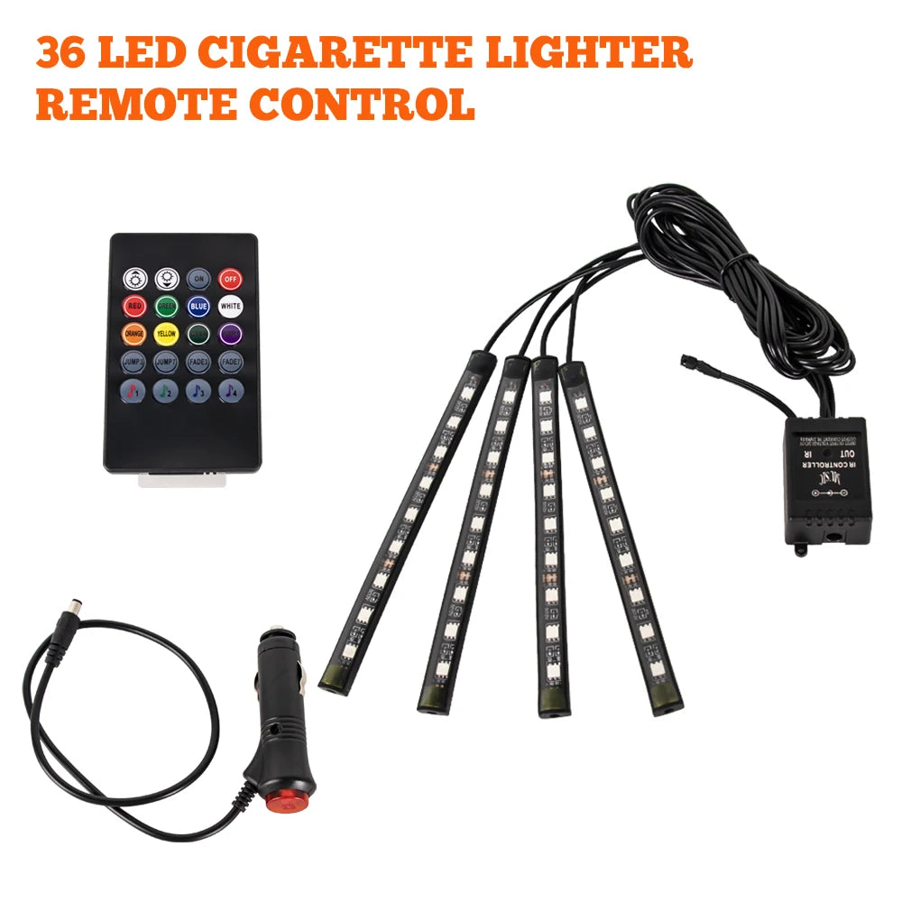 RGB LED Car Interior Ambient Light Strip – 36/48/72 LED Remote & App Music Control | USB or Cigarette Lighter | Atmosphere Foot Light