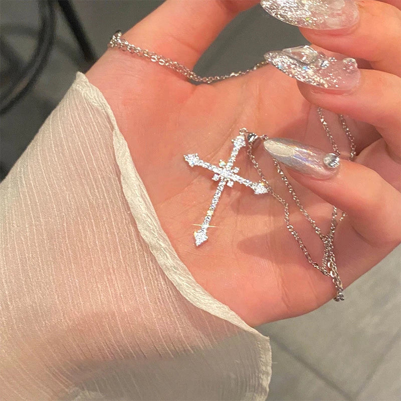 Crystal Zircon Cross Pendant Necklace for Women - Dainty Layering Chain