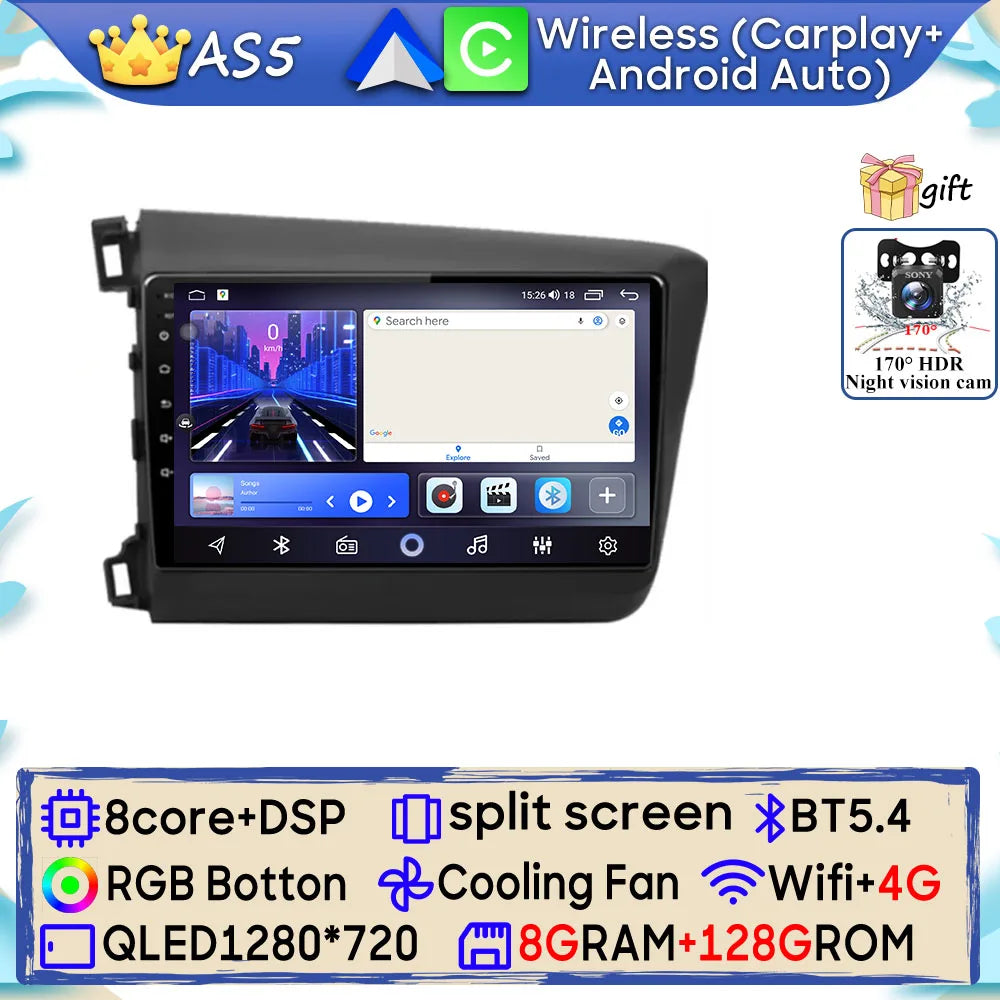 Car Stereo with Apple CarPlay & Android Auto, Compatible with Honda Civic 9 (2012-2015)