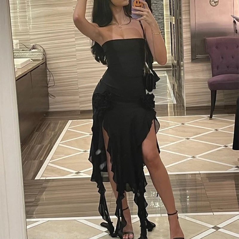 2026 Summer Maxi Women's Dress Vintage Elegant black Fashion Sleeveless Slim Backless Irregular Tassel Party Dresses Street Robe