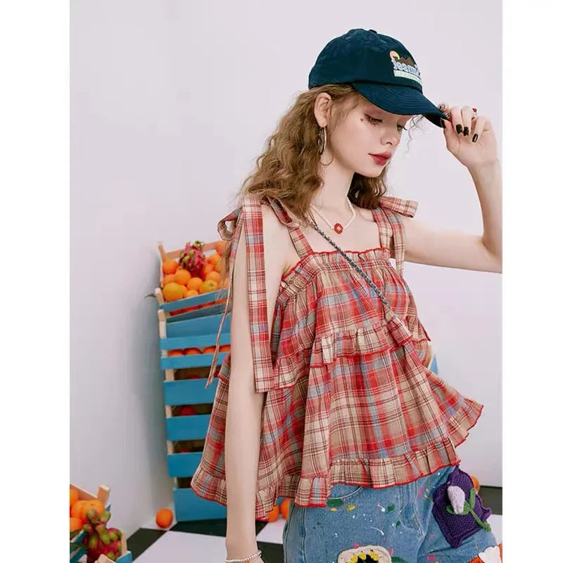Women's Y2K Vintage Plaid Lace-Up Strap Sleeveless Crop Tank Top – Acubi Japan Green Streetwear