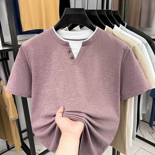 Men's Henley T-Shirt - Short Sleeve Button Detail, Layered Look