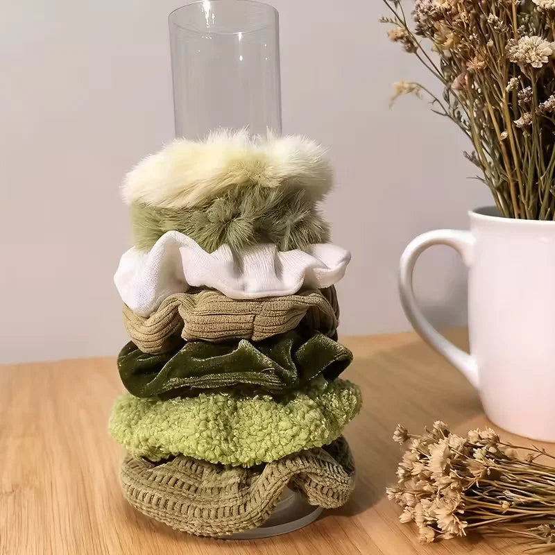 7pcs Velvet Scrunchies Set - Green Mix, Luxe Feel. Soft & Elegant Boho Hair Bands for Women, Perfect for Winter Hairstyles.