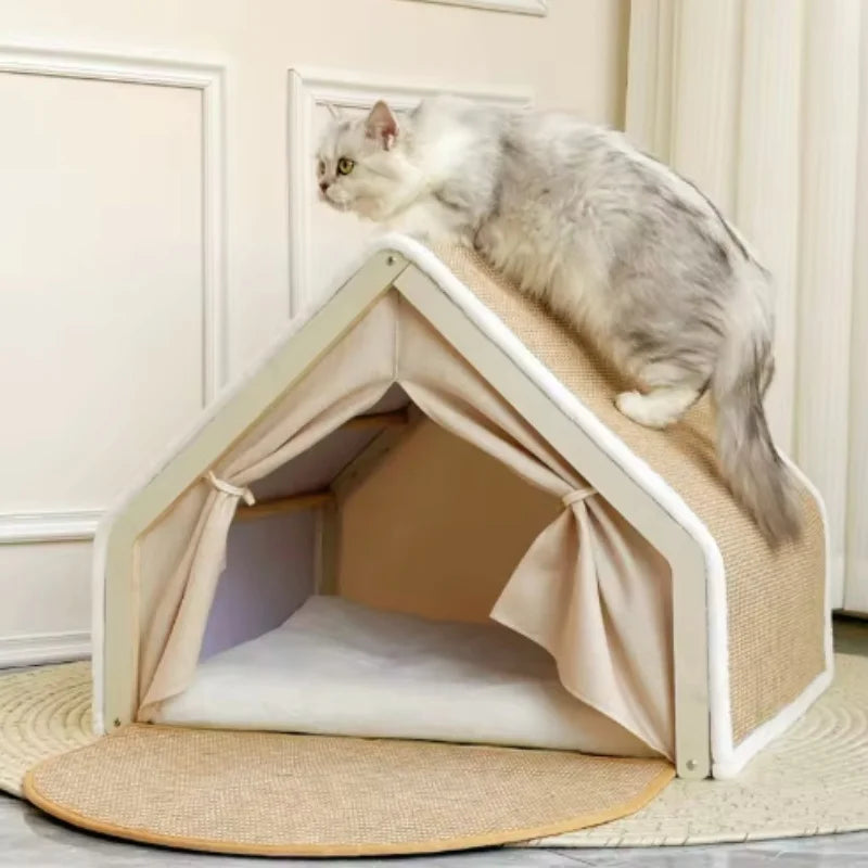 Cat Tent Villa Pet Bed Cozy Half-Enclosed Wooden Cat Bed All-Season Dual-Use Durable No Scraps Drop Cat House for Cats Kittens