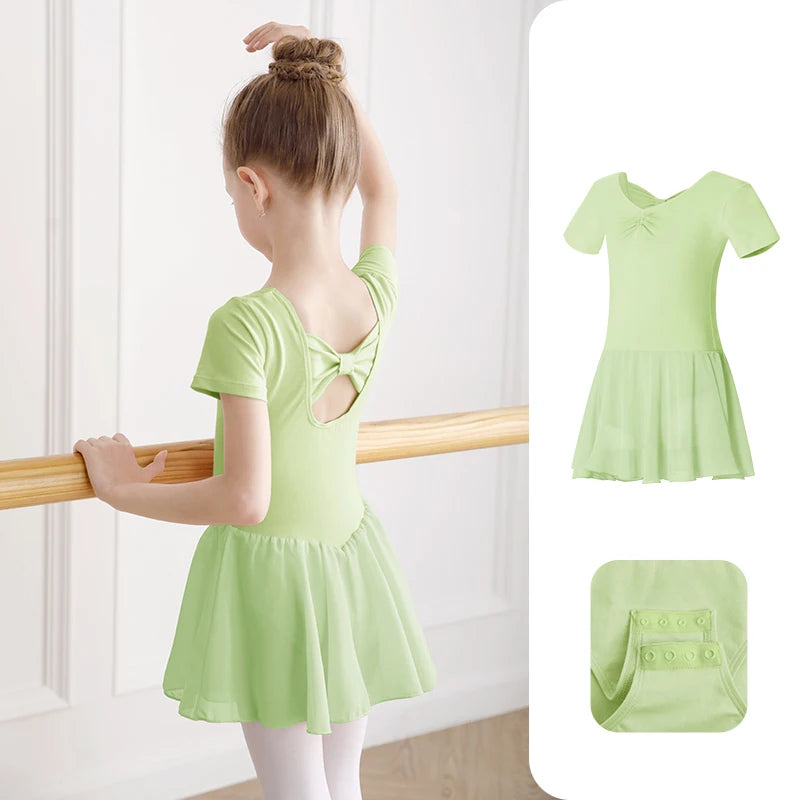 Girl Ballet Leotard with Chiffon Tulle Skirt Kids Bowknot Lyrical Dance Dress Short/Long Sleeve Bodysuit Back Bow Tie Dance Wear