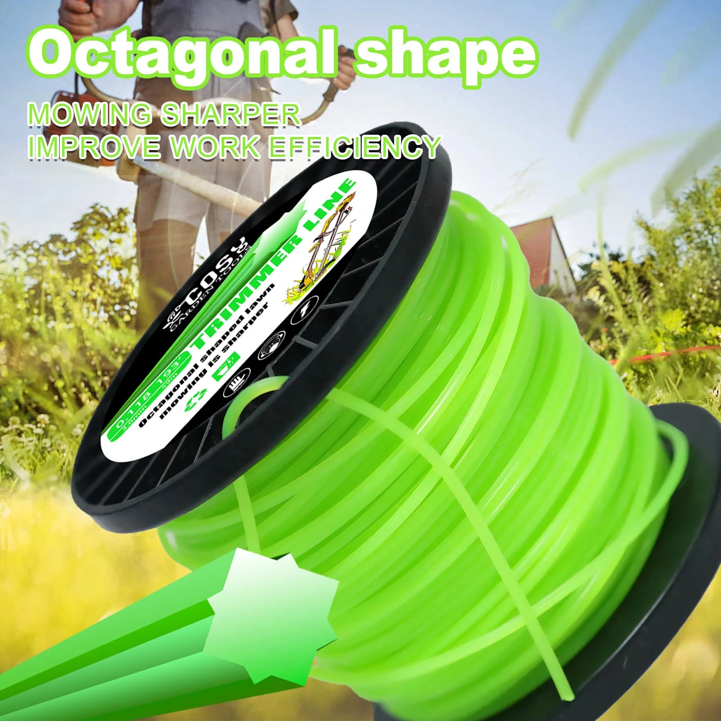 TSES 59m~130m Green String Trimmer Line Roll Durable Octagonal Shape Nylon Weed Whacker Line Strimmer Line Rope