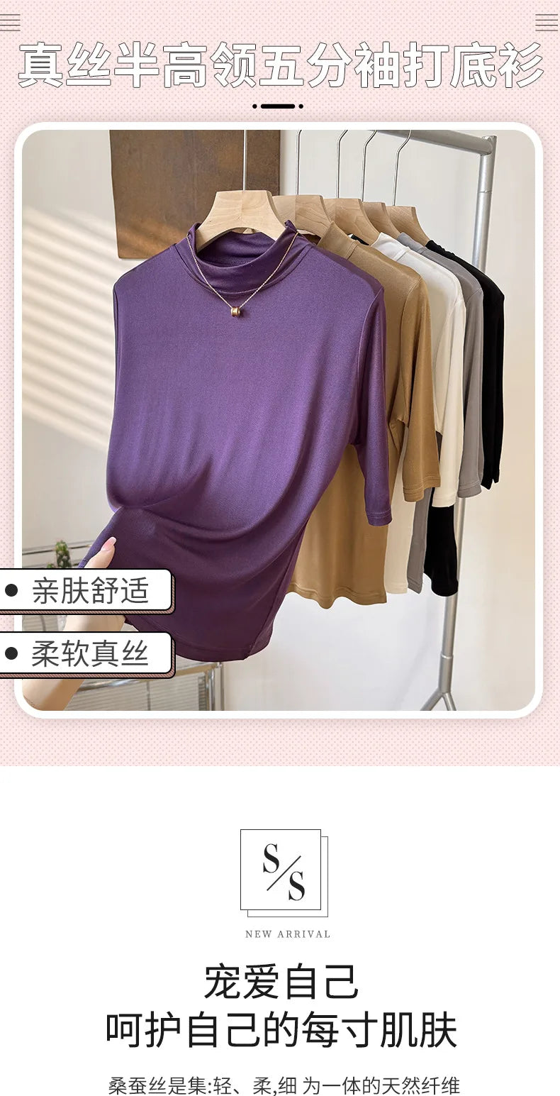 Yuyue's 100% Mulberry Silk Basic Women's T-shirt Solid Color Large Size Half Crew Neck Mulberry Silk Top Mid-sleeve Base Shirt