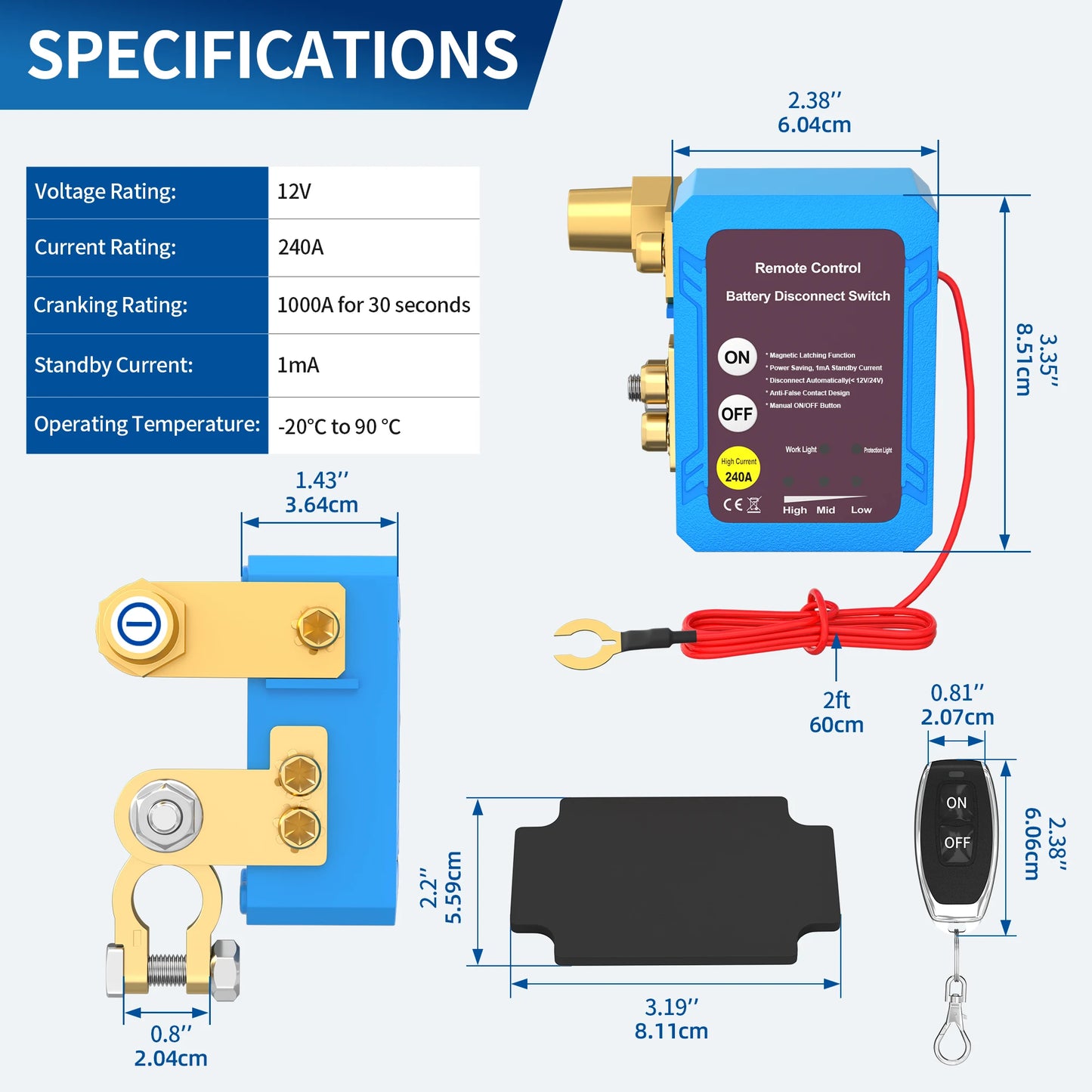 Remote Battery Disconnect Kill Switch 12V 240A - Side Mount