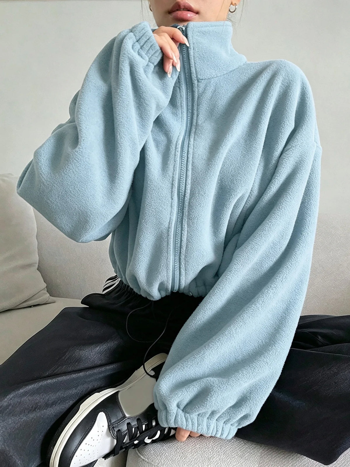 Women's Cropped Polar Fleece Jacket - Stand Collar Zip Up - photo 7
