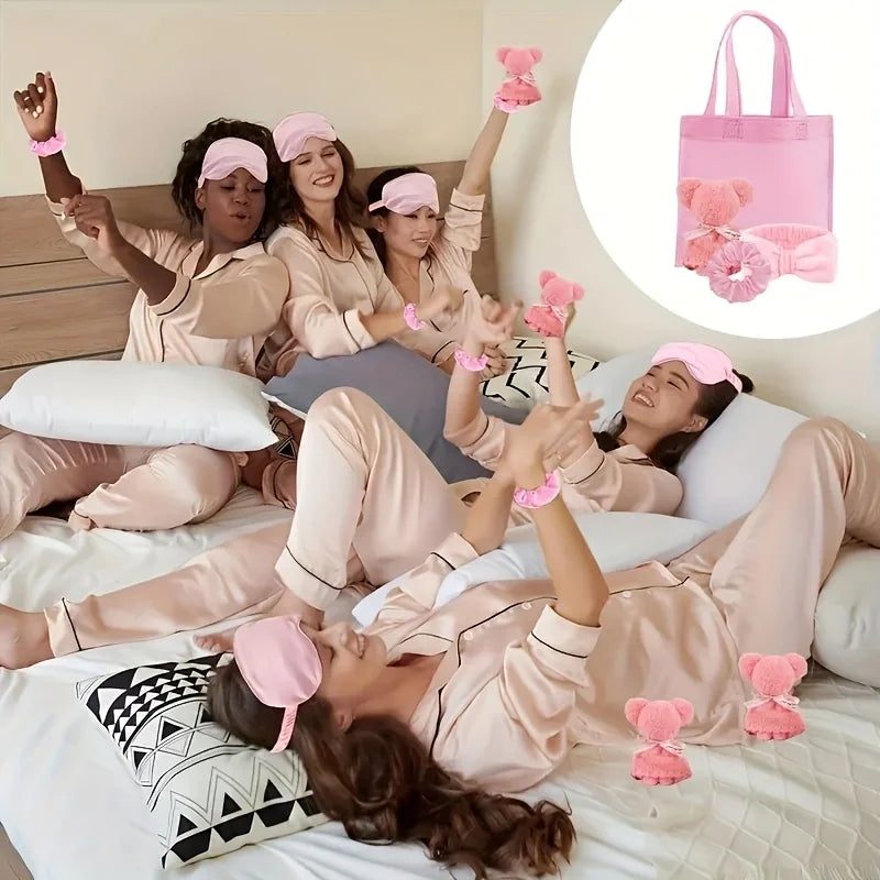 20 Spa Gift Set -5 Polyester Large Bags, 5 Headbands, 5 Hair Rings, 5 Bear Shaped Fabrics - Perfect for Bridal Showers, Singles'