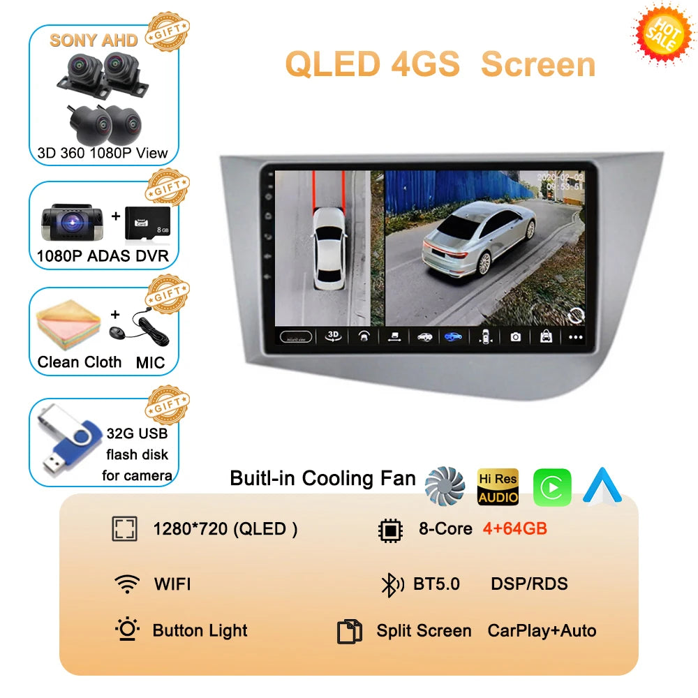 Car Radio Android 16 Navigation GPS Carplay For Seat Leon 2 MK2 2005-2012 Multimedia Video Player Stereo DSP 360 Camera Wifi 4G