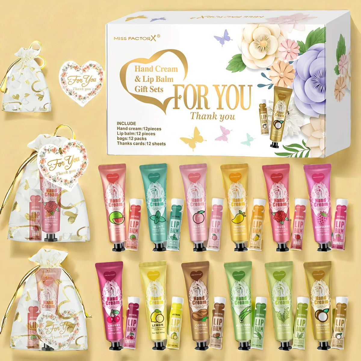 12 Hand Gift Hand Cream and Lip Balm Set Friends Party Gift with Love Net Bag and Thank You Card Holiday Gift
