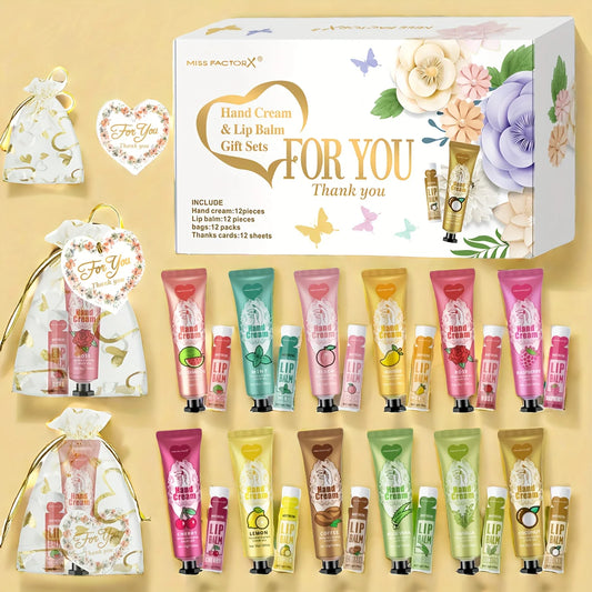 12 Piece Hand Cream and Lip Balm Party Gift Set with Net Bags and Cards