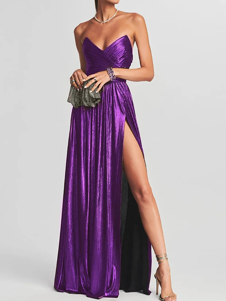 Women Spring Summer Sleeveless Casual Maxi Dress Strapless Elegant Fashion Party Dress Office Lady Retro High Slit Dress Vestido