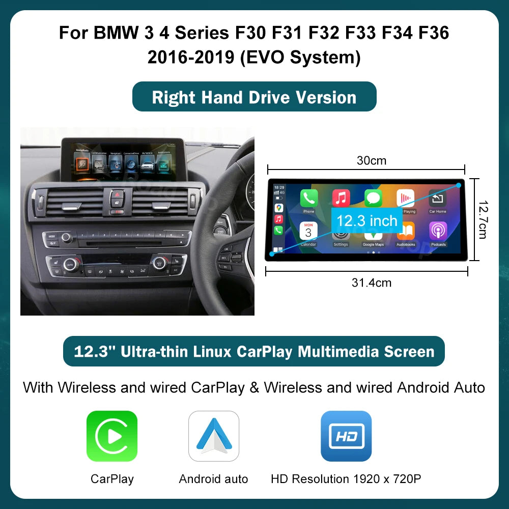 12.3" Wireless CarPlay & Android Auto Display Screen, Compatible with BMW 3 4 Series F30 F31 F32 F33 F34 F36