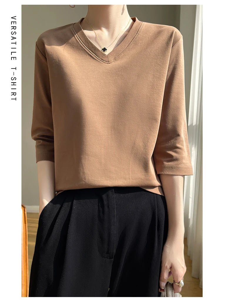 Spring And Summer New Cotton V-neck T-shirt Short-Sleeved Women's Half-Sleeve Bottoming Shirt High-End Cropped Sleeve Top