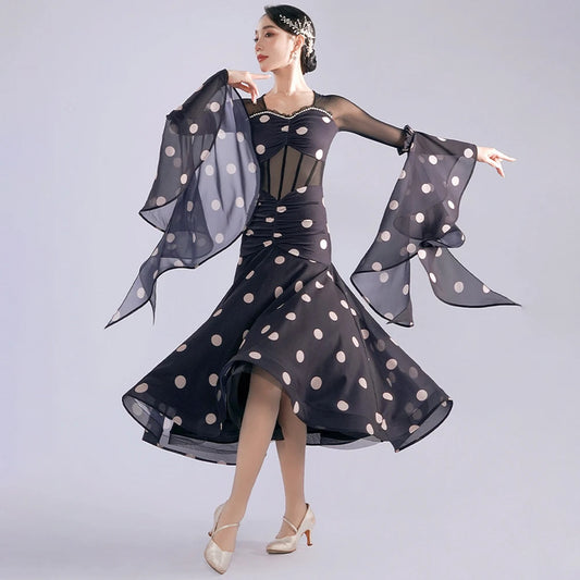 Women's polka-dot flare-sleeve waltz ballroom dress