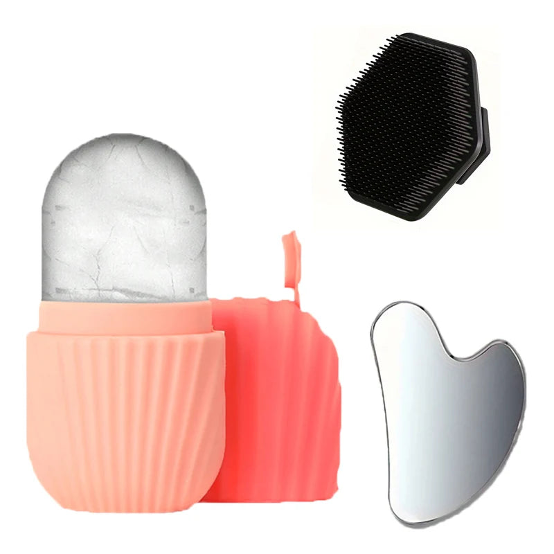 1/3-piece facial cleansing tool set, stainless steel heart-shaped scraping tool, ice roller, silicone facial brush