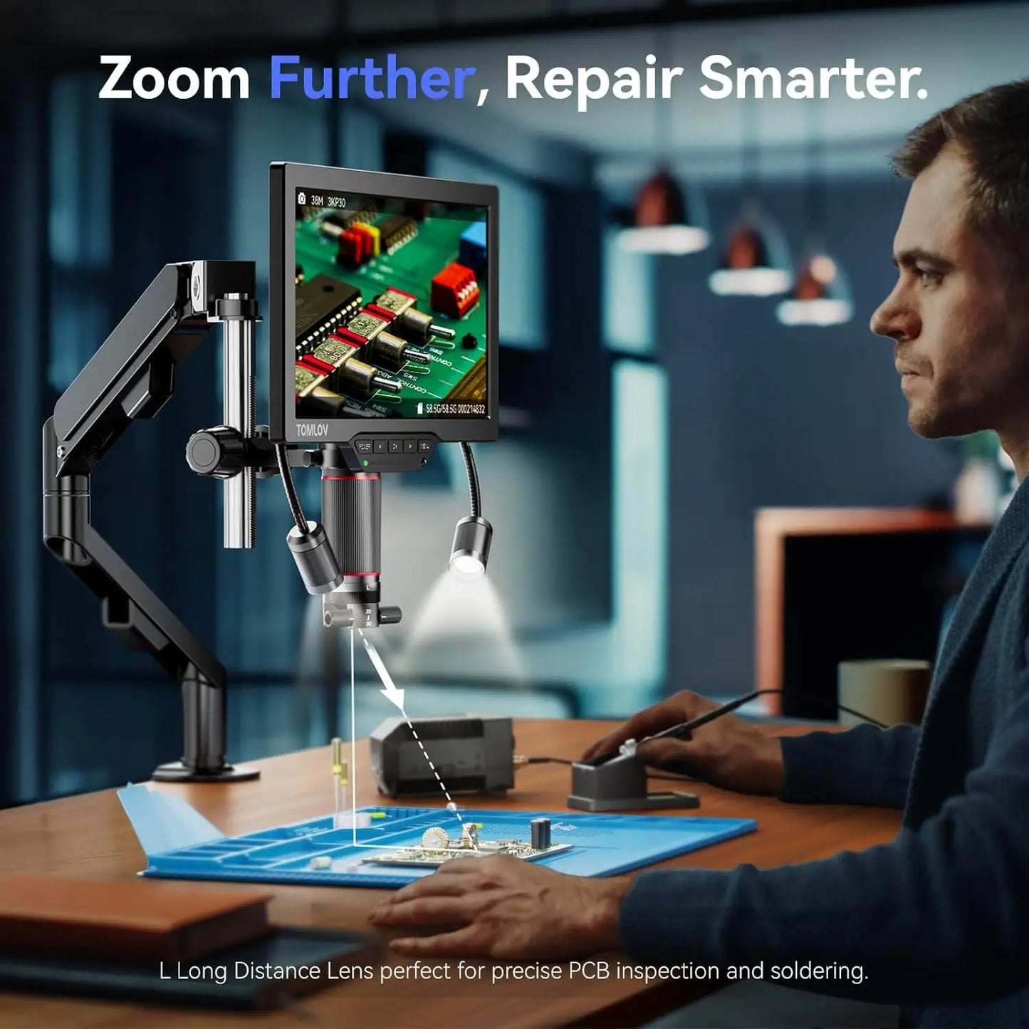 TOMLOV TM3K-3D Max Digital Microscope – 3K 10" Screen, Magnetic Dual Lens, 360° 3D View | PCB & Coin Repair