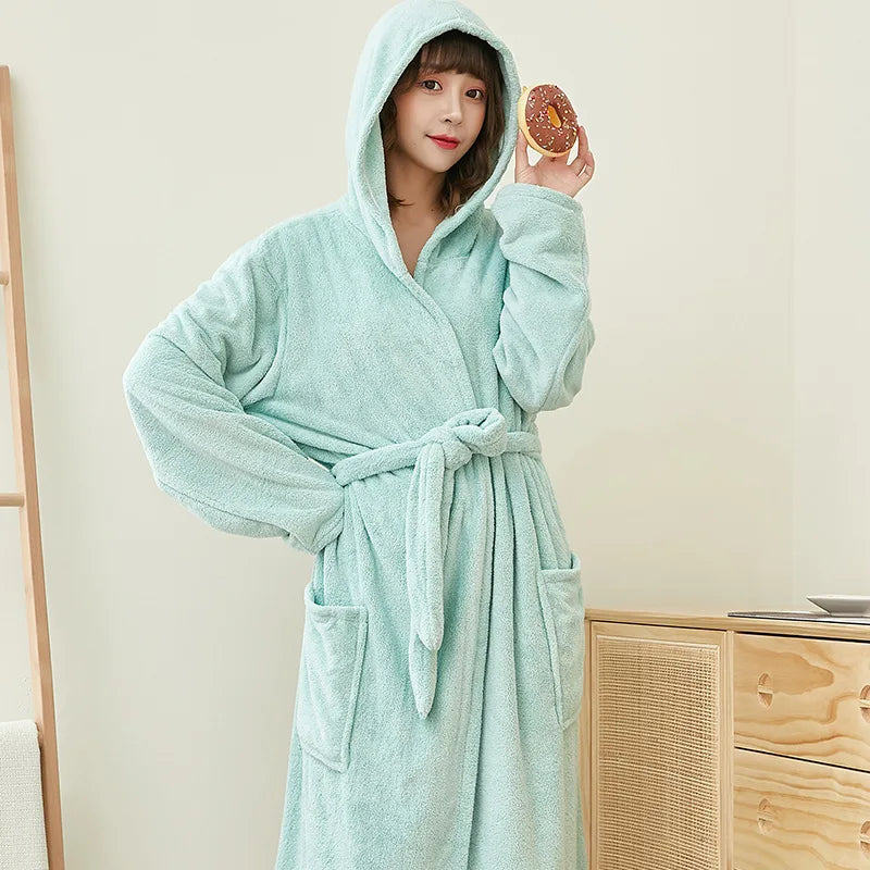 Women's Long Hooded Coral Fleece Bathrobe - Solid Plush Robe - photo 6