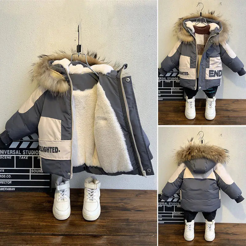 Boys Hooded Winter Coat with Fur-Trim Collar - Thick Padded Jacket