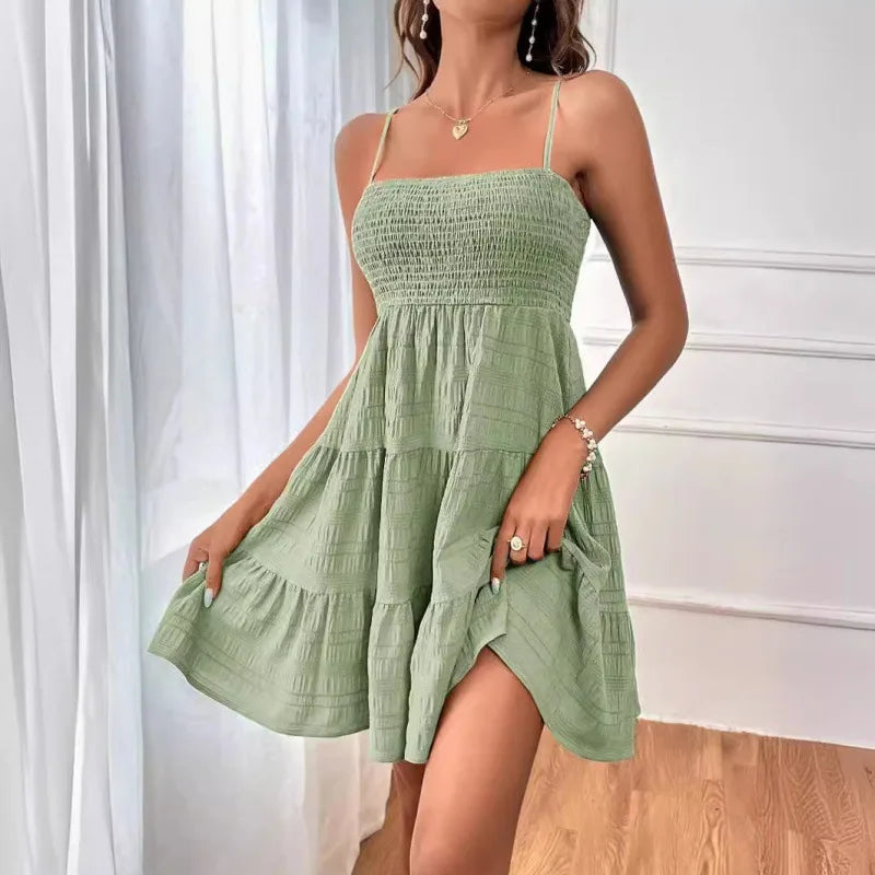 Women's Smocked Tiered Mini Dress — Spaghetti-Strap Ruffle Swing Beach Dress