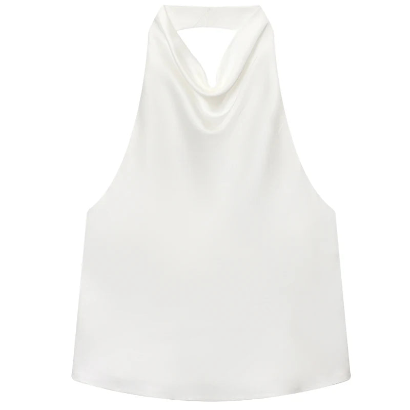 Women's Satin Halter Crop Top — Off-Shoulder Backless Sleeveless Cami
