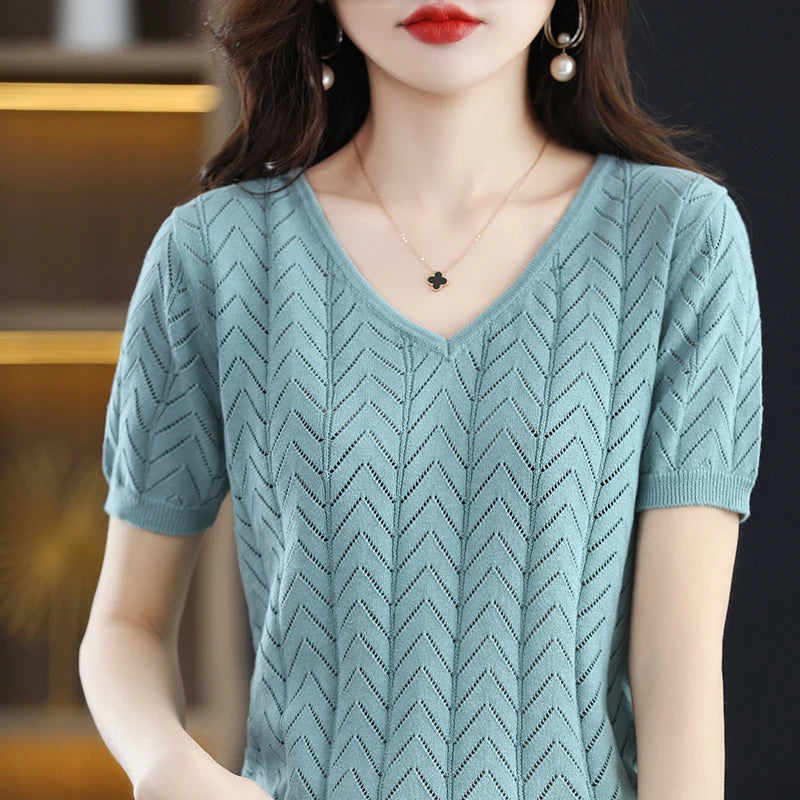 Women's T-shirt Summer New 100% Cotton Pullover Short Sleeve Casual Solid Women's Sweater Loose Fashion V-Neck Top T-shirt