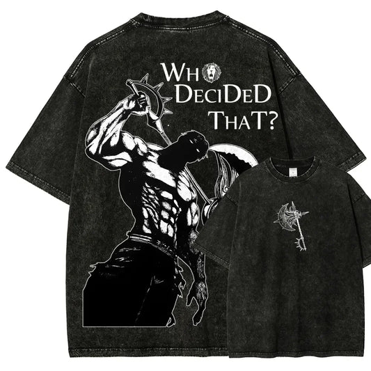 Japan Hot-blooed Anime Seven Deadly Sins Escanor Graphic Print T-shirt Men Women Fashion Vintage Washed Cotton Tee Oversized Top