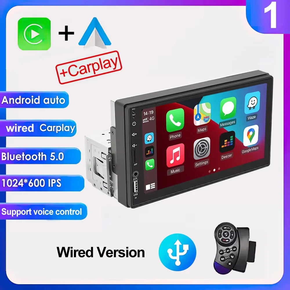 7" IPS 1-DIN Car Stereo — CarPlay, Android Auto, FM Receiver, HD Touchscreen
