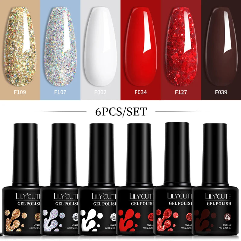 LILYCUTE 6Pcs 7ML Gel DIY Nails Polish Set Bright Pink Nail Charms Soak Off UV LED Gel Varnish Nail Art Design Accessories