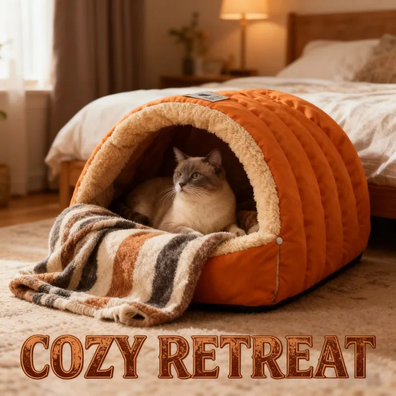 Semi-Enclosed Winter Cat Bed with Leather-Look Edging - Windproof – photo 6