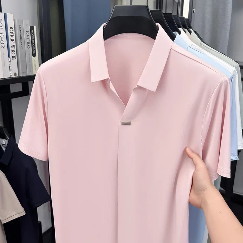 Men's Ice-Silk Polo - Seamless Notch Lapel, Metal-Button Placket