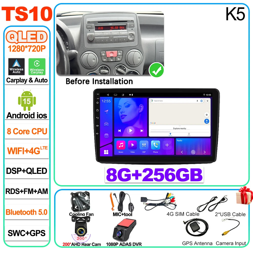 Car Stereo with Apple CarPlay & Android Auto, Compatible with Fiat Panda 169 (2003-2012)