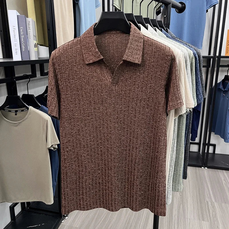 Men's Knitted Polo Tee - V-Neck Stripe, Lightweight Breathable