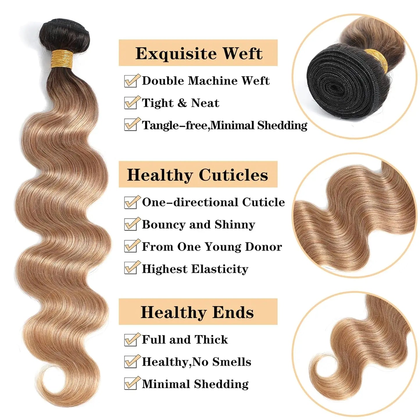 Honey Blonde Body Wave Human Hair Bundles - 100% Remy Extensions