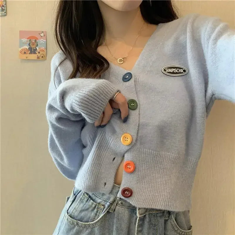 Cardigan for Women Long Sleeve Knitted Sweaters Sweater Cropped Crochet Kawaii V Neck Cardigans Woman Black Tops Cute 2025 Trend