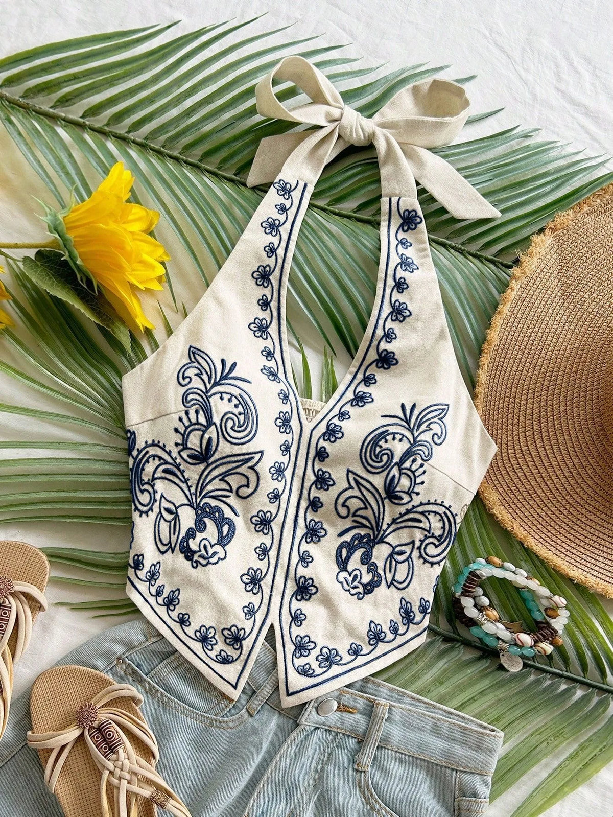 Women's embroidered boho halter crop top — view 3 of 8