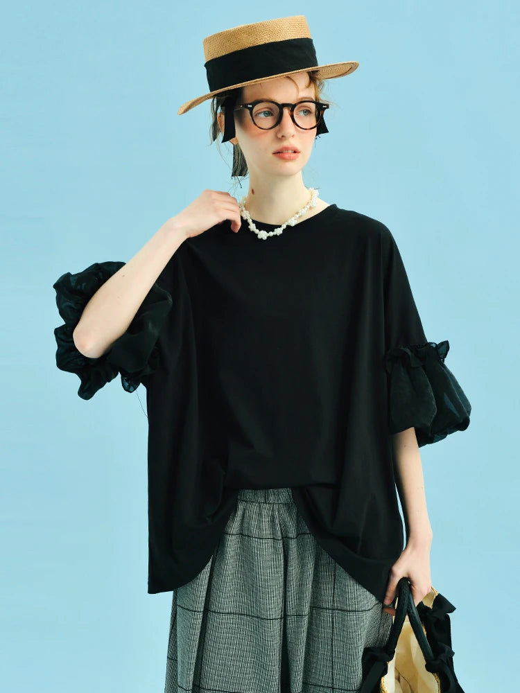 2025 imakokoni summer pure cotton casual loose fitting yarn design lantern sleeve top 255029+255030