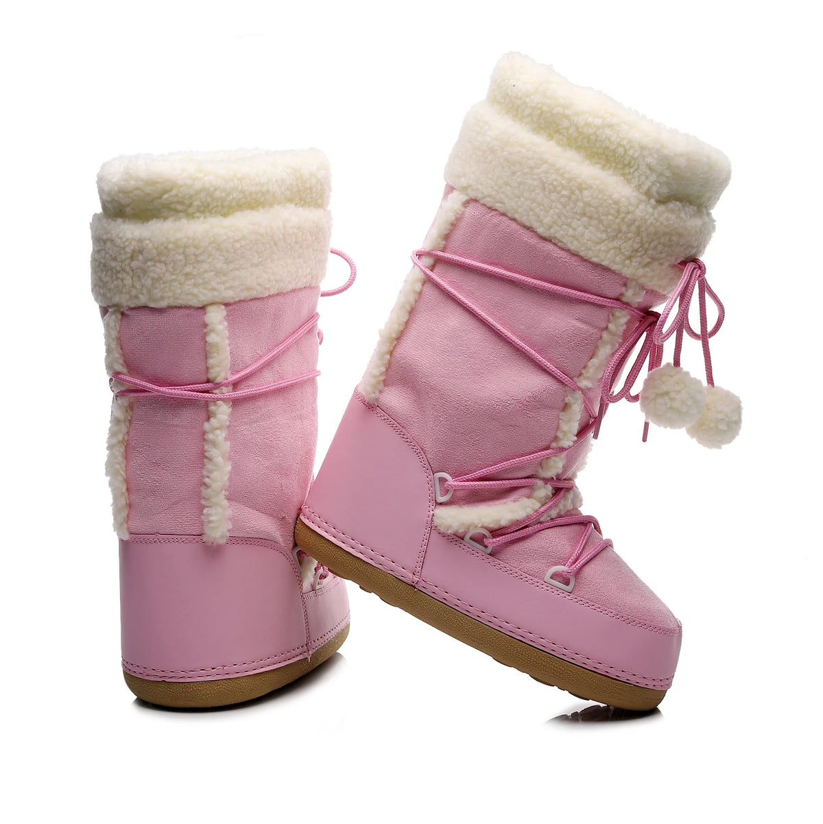 Women's Pink Plush Lace-Up Snow Boots, Platform