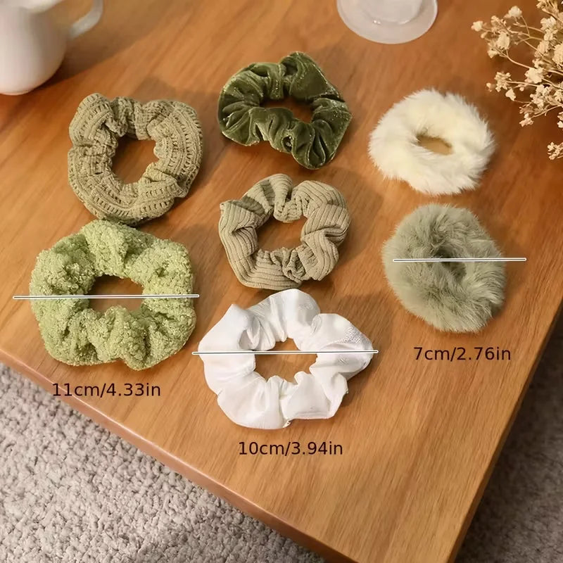 7pcs Velvet Scrunchies Set - Green Mix, Luxe Feel. Soft & Elegant Boho Hair Bands for Women, Perfect for Winter Hairstyles.