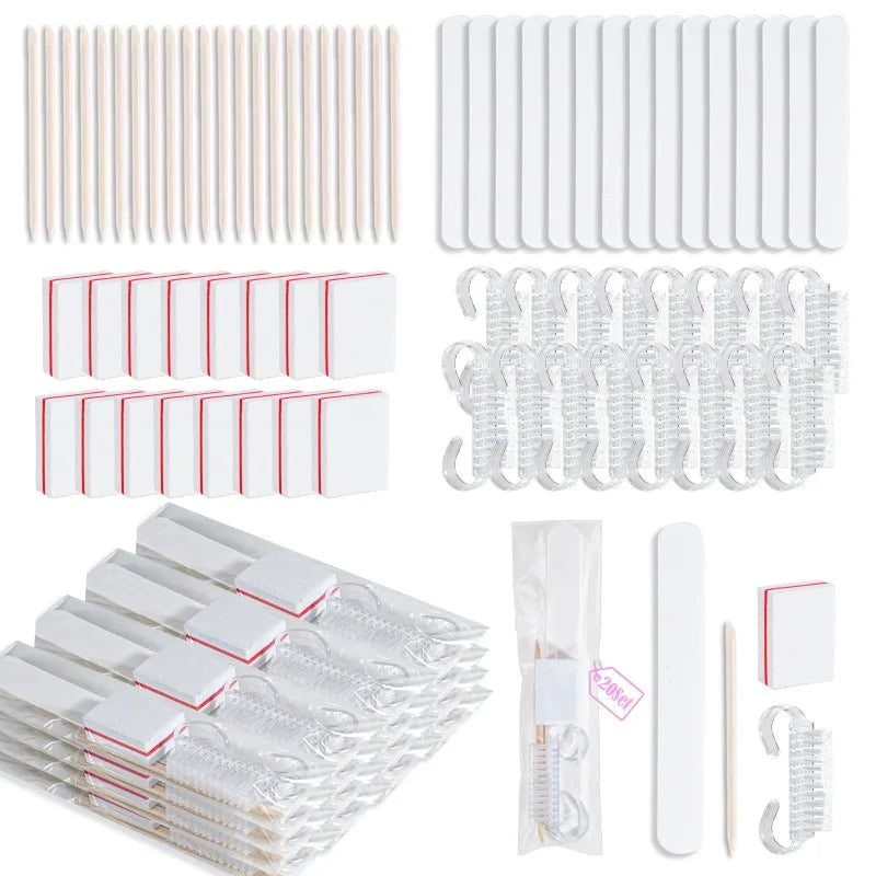 20Sets Disposable Manicure Kit 4 Piece Nail Kit for Travel,Handle Grip Brush,Mini Nail Buffer Nail File and Wood Stick for Gifts