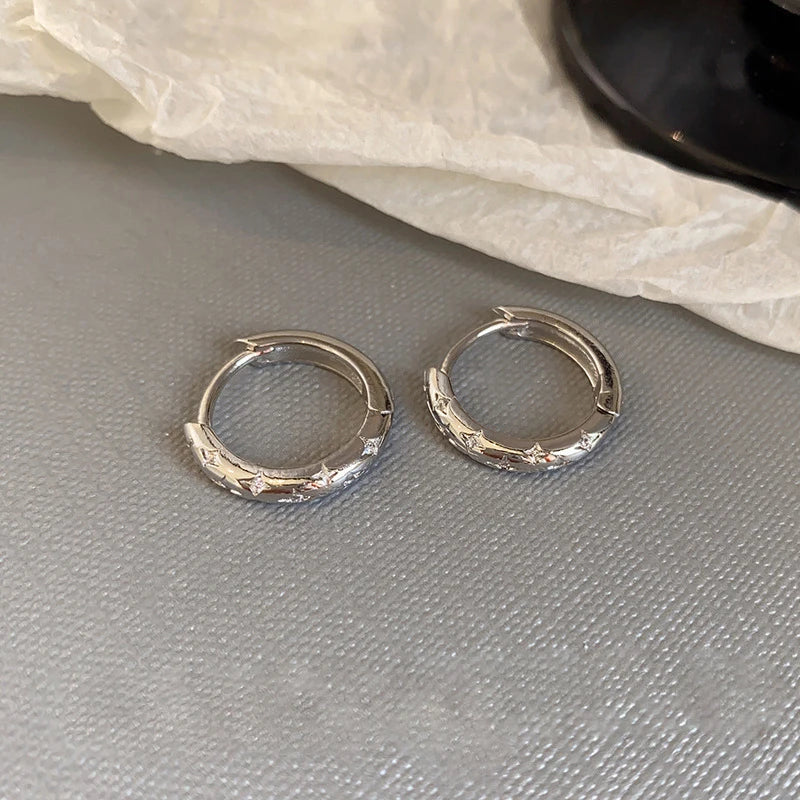 Four-Star Hoop Earrings — Zircon Circle Studs for Women