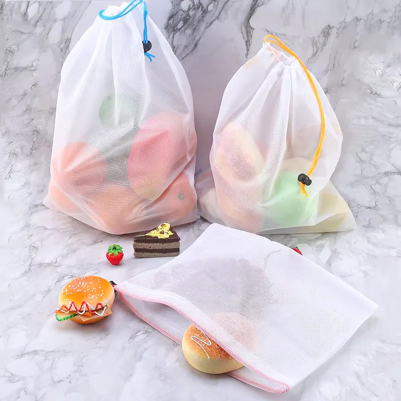 FAIS DU 5pcs Mesh Reusable Storage Bags Comes With Logo Fruit Vegetable Home Washable Bags Kitchen Storage Bags Storage Supplies