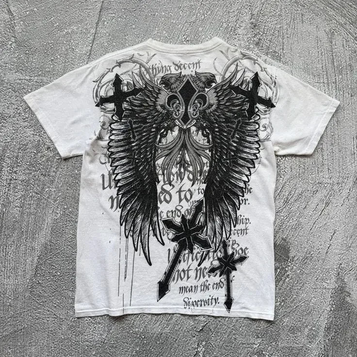 Y2K Gothic Print Oversized T-Shirt — Unisex Cotton Round-Neck Streetwear Tee